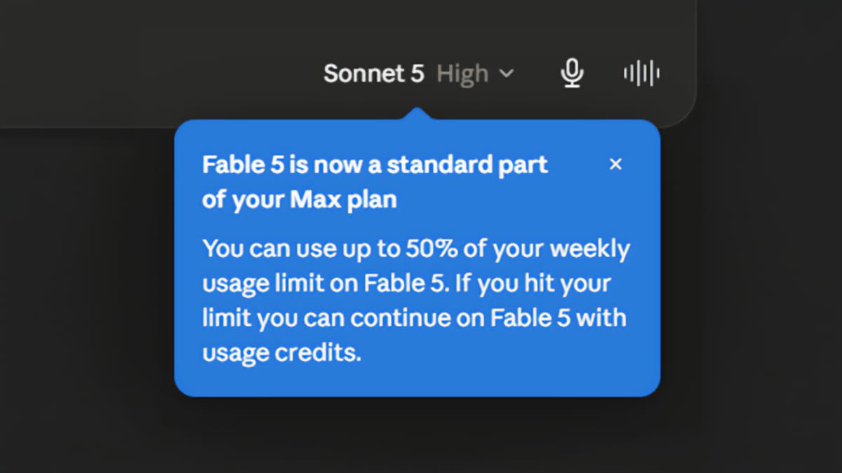 The in-product notification confirming Fable 5 is now standard on the Max plan, usable up to 50 per cent of the weekly usage limit with usage credits beyond that