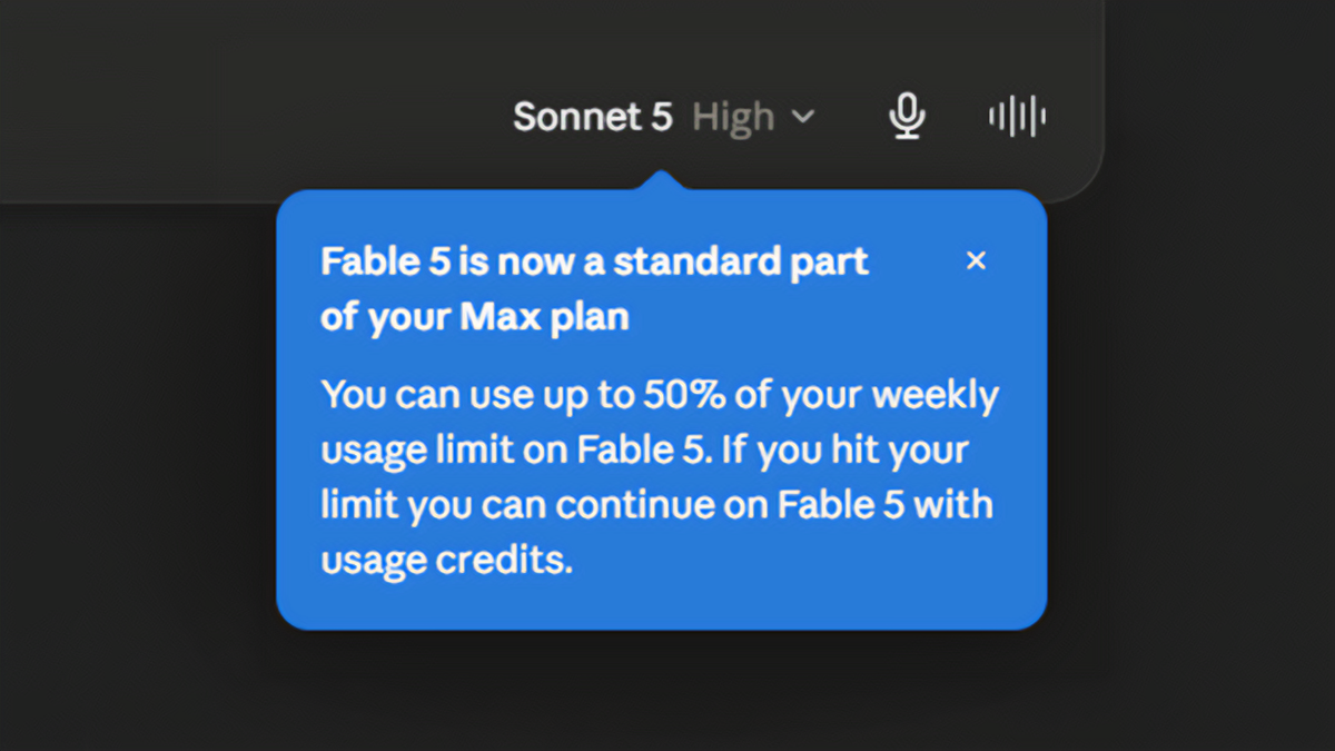 The in-product notification confirming Fable 5 is now standard on the Max plan, usable up to 50 per cent of the weekly usage limit with usage credits beyond that