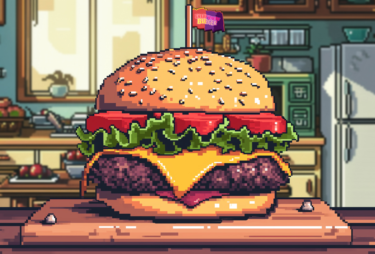 Burger drop sequence — mid-sequence frame showing the AI-assisted production workflow in action